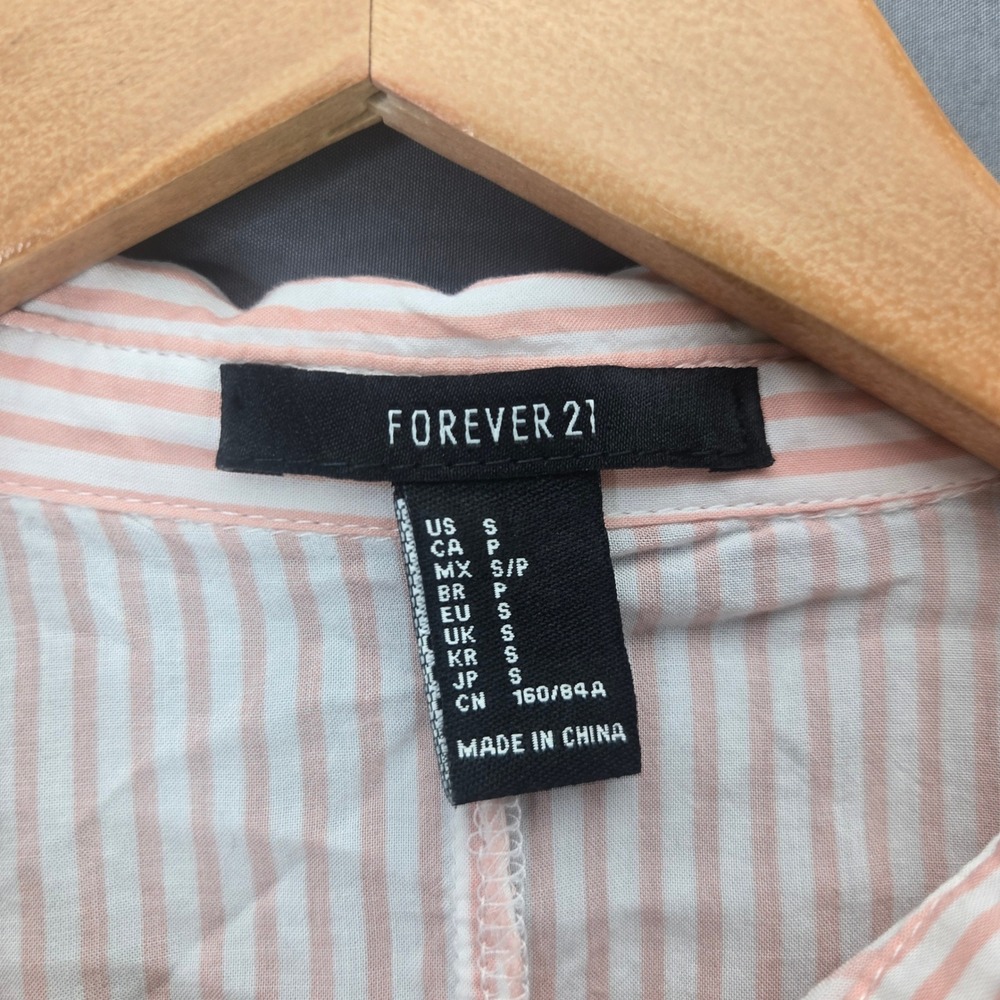 Forever 21 Blouse Cold Shoulder Cropped Striped S Pink White Button Up Tie Slv - Picture 4 of 7